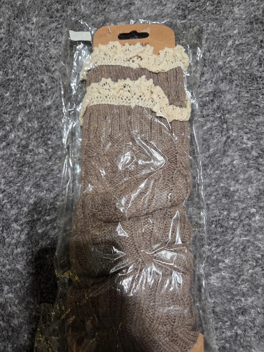 LOF Brown Cable Knit Leg Warmers with Cream Lace Trim